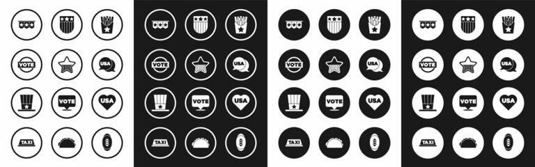 Set Potatoes french fries in box, USA Independence day, Vote, Carnival garland with flags, Shield stars, and Patriotic American top hat icon. Vector