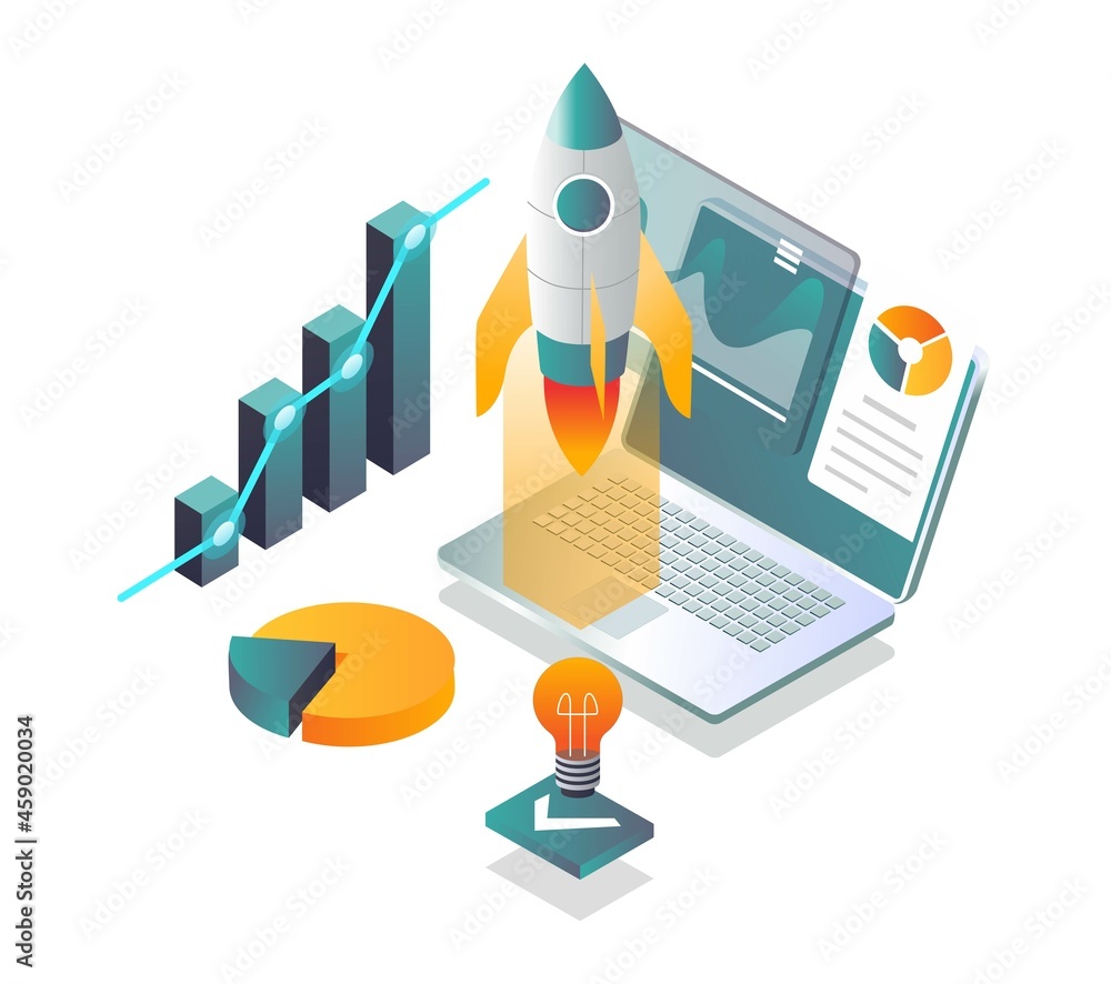 Poster flat isometric vector illustration rocket launches from laptop with data analyst