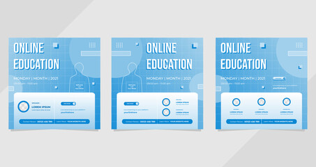 Set of Online education social media post templates with blur geometric composition on white and blue background. Suitable for e-learning, Business Webinars, and Other Seminars