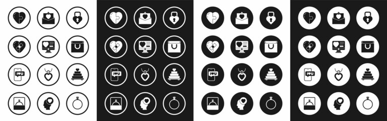 Set Castle in the shape of heart, Dating app online, Healed broken, Heart, Shopping bag, Envelope with Valentine, Wedding cake and Mobile icon. Vector