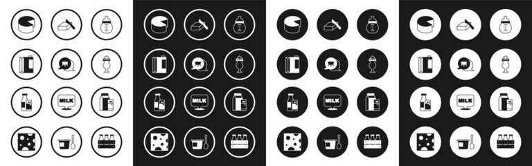 Set Baby milk in a bottle, Udder, Paper package for kefir, Cheese, Milkshake, Butter butter dish, and Bottle and glass icon. Vector