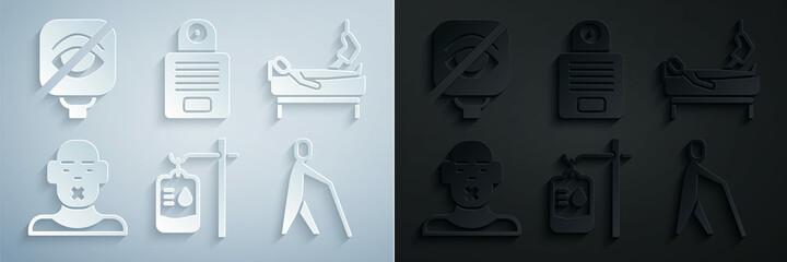 Set IV bag, Patient with broken leg, Head of deaf and dumb, Blind human holding stick, Intercom and Blindness icon. Vector