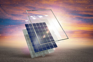 hotovoltaic solar panel on sky and white background, 3D illustration - obrazy, fototapety, plakaty