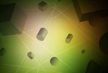 Dark Green, Yellow vector texture with 3D cubes, cylinders, spheres, rectangles.
