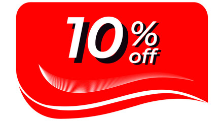 promotional tag with 10% off - red tag with rounded edges and white lines in waves, white text with shadows. Discount, offers, sales, reduction and promotion