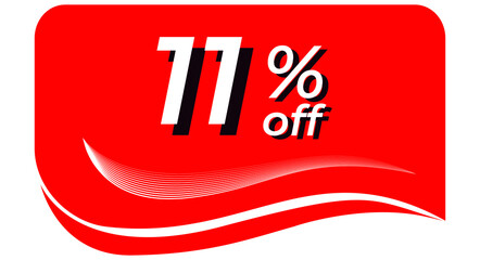 promotional tag with 11% off - red tag with rounded edges and white lines in waves, white text with shadows. Discount, offers, sales, reduction and promotion