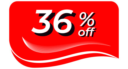 promotional tag with 36% off - red tag with rounded edges and white lines in waves, white text with shadows. Discount, offers, sales, reduction and promotion