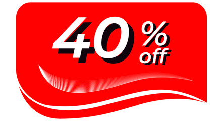 promotional tag with 40% off - red tag with rounded edges and white lines in waves, white text with shadows. Discount, offers, sales, reduction and promotion