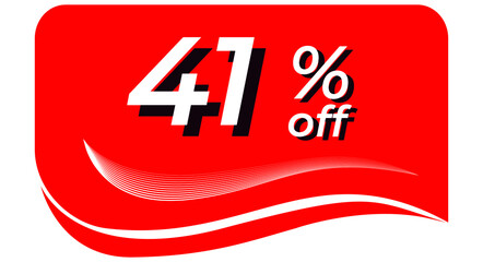 promotional tag with 41% off - red tag with rounded edges and white lines in waves, white text with shadows. Discount, offers, sales, reduction and promotion