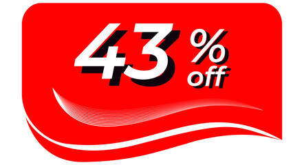 promotional tag with 43% off - red tag with rounded edges and white lines in waves, white text with shadows. Discount, offers, sales, reduction and promotion