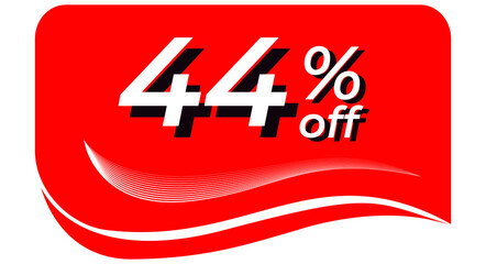 promotional tag with 44% off - red tag with rounded edges and white lines in waves, white text with shadows. Discount, offers, sales, reduction and promotion