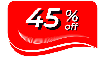 promotional tag with 45% off - red tag with rounded edges and white lines in waves, white text with shadows. Discount, offers, sales, reduction and promotion