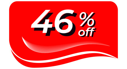 promotional tag with 46% off - red tag with rounded edges and white lines in waves, white text with shadows. Discount, offers, sales, reduction and promotion