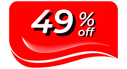 promotional tag with 49% off - red tag with rounded edges and white lines in waves, white text with shadows. Discount, offers, sales, reduction and promotion