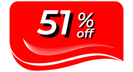 promotional tag with 51% off - red tag with rounded edges and white lines in waves, white text with shadows. Discount, offers, sales, reduction and promotion