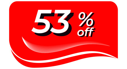 promotional tag with 53% off - red tag with rounded edges and white lines in waves, white text with shadows. Discount, offers, sales, reduction and promotion