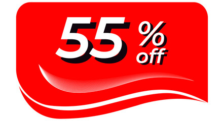 promotional tag with 55% off - red tag with rounded edges and white lines in waves, white text with shadows. Discount, offers, sales, reduction and promotion