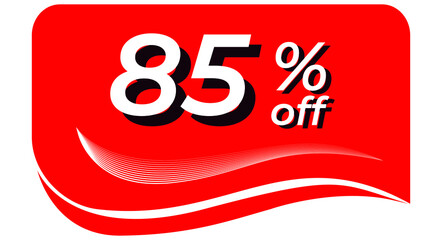 promotional tag with 85% off - red tag with rounded edges and white lines in waves, white text with shadows. Discount, offers, sales, reduction and promotion