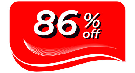 promotional tag with 86% off - red tag with rounded edges and white lines in waves, white text with shadows. Discount, offers, sales, reduction and promotion