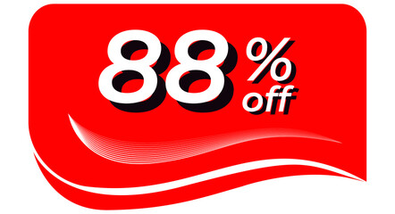 promotional tag with 88% off - red tag with rounded edges and white lines in waves, white text with shadows. Discount, offers, sales, reduction and promotion