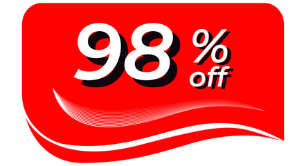 promotional tag with 98% off - red tag with rounded edges and white lines in waves, white text with shadows. Discount, offers, sales, reduction and promotion