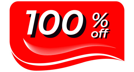 promotional tag with 100% off - red tag with rounded edges and white lines in waves, white text with shadows. Discount, offers, sales, reduction and promotion