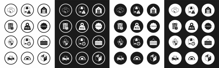 Set Warehouse, Weight, Cardboard box with calendar, Carton cardboard, rice tag Free, Delivery security shield, Container crane and Unboxing icon. Vector
