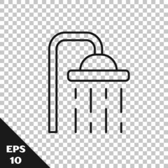 Black line Shower head with water drops flowing icon isolated on transparent background. Vector