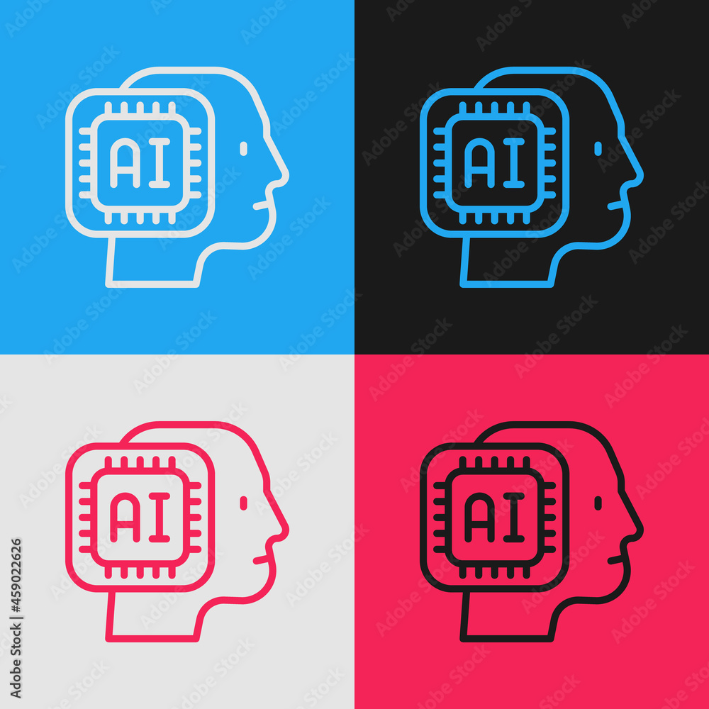 Poster pop art line humanoid robot icon isolated on color background. artificial intelligence, machine lear