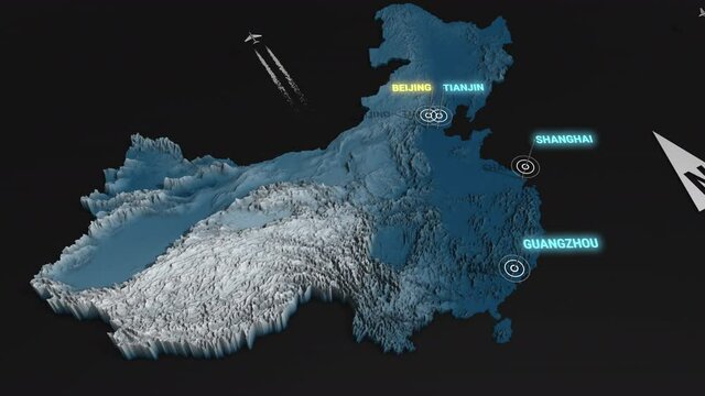 Seamless looping animation of the 3d terrain map at nighttime of China with the capital and the biggest cites in 4K resolution
