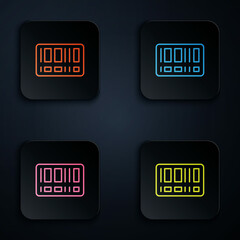 Color neon line Barcode icon isolated on black background. Set icons in square buttons. Vector