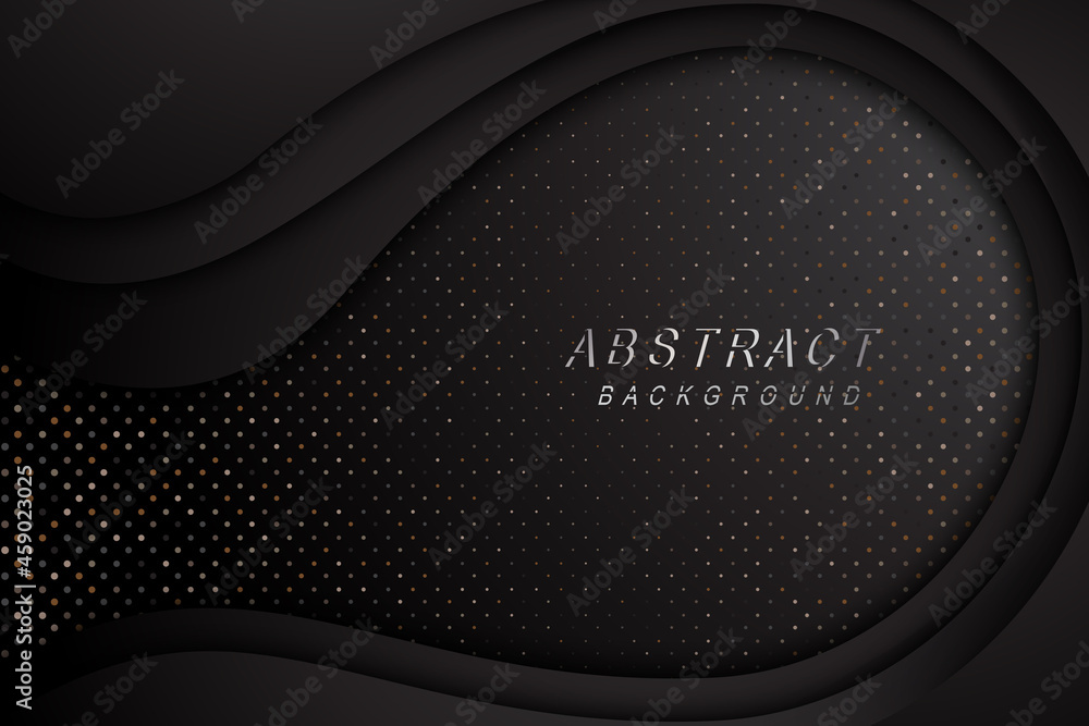 Poster tech dark abstract design with black overlap layers background. texture with metals glitters dots de