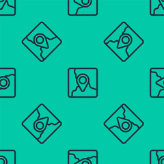 Blue line Folded map with location marker icon isolated seamless pattern on green background. Vector