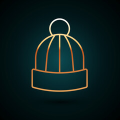 Gold line Winter hat icon isolated on dark blue background. Vector
