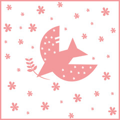 A postcard in a minimalist Scandinavian style. White and pink colors. The bird carries a twig in its beak, flowers around. Square format. a dove of peace in a minimalistic design