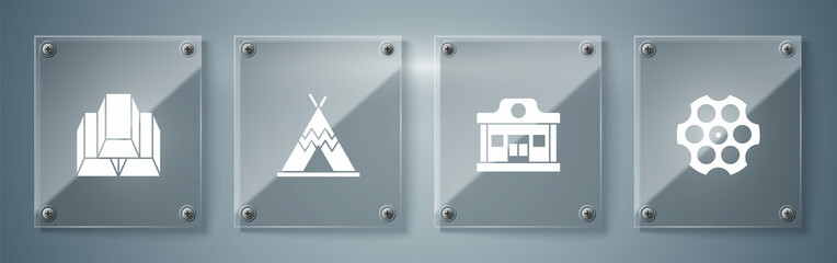 Set Revolver cylinder, Wild west saloon, Indian teepee or wigwam and Gold bars. Square glass panels. Vector