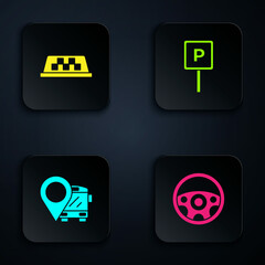 Set Steering wheel, Taxi car roof, Location with bus and Parking. Black square button. Vector