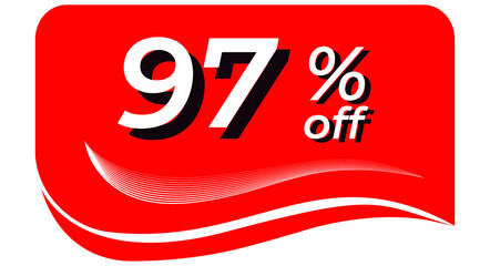 promotional tag with 97% off - red tag with rounded edges and white lines in waves, white text with shadows. Discount, offers, sales, reduction and promotion