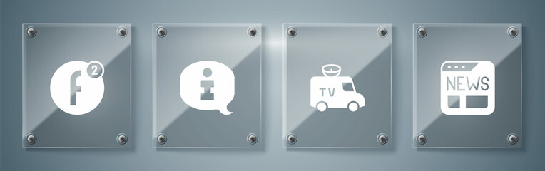 Set News, TV car, Information and Create account. Square glass panels. Vector