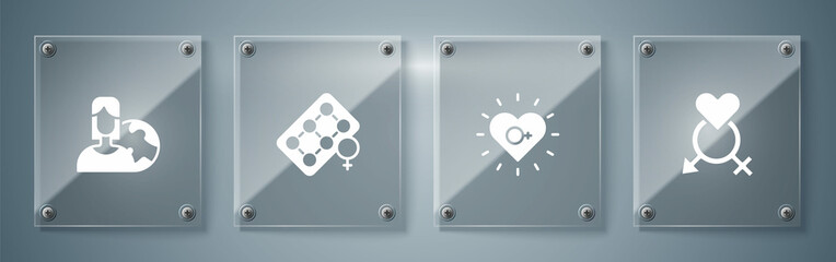 Set Gender, Feminism, Packaging of birth control pills and Women from different countries. Square glass panels. Vector
