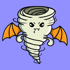 Cute happy Whirlwind tornado icon. whirlwind tornado vector icon with dracula zombie costume on blue background cartoon icon illustration design isolated flat cartoon style