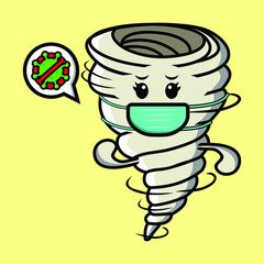 Cute Whirlwind tornado icon. whirlwind tornado vector icon with mask prevention virus on yellow background cartoon icon illustration design isolated flat cartoon style 