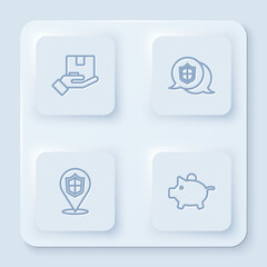 Fototapeta premium Set line Delivery insurance, Location shield, and Piggy bank. White square button. Vector