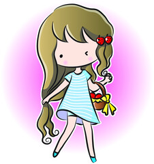 vector cartoon long hair lovely girl with A basket of fruit orange