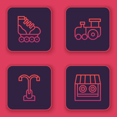 Set line Roller skate, Street light, Toy train and Shooting gallery. Blue square button. Vector