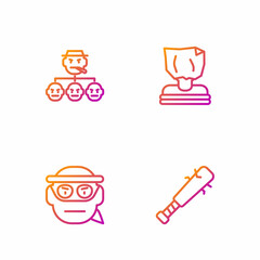 Set line Baseball bat with nails, Bandit, Mafia and Kidnaping. Gradient color icons. Vector