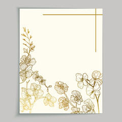 Vintage greeting card template design with gold flowers for wedding