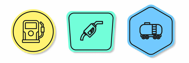Set line Petrol or gas station, Gasoline pump nozzle and Oil railway cistern. Colored shapes. Vector
