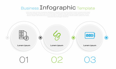Set line Case of computer, Computer mouse and SSD card. Business infographic template. Vector