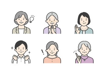 嬉しそうな表情をしたシニア女性のイラスト素材セット